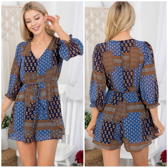 Few Left❗️FRENCH KISS Boho Chic Blue / Camel Paisley Romper - Picture 7 of 7